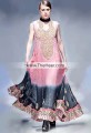 AK7987 Light Thulian Pink Black Crinkle Chiffon Raw Silk Anarkali Dress