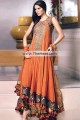 AK7671 Deep Carrot Orange Raw Umber Crinkle Chiffon Banarasi Jamawar Charmeuse Silk Anarkali Dress