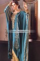 EW7687 Teal Blue Golden Charmeuse Silk Raw Silk Crinkle Chiffon Kaftan Evening Dress