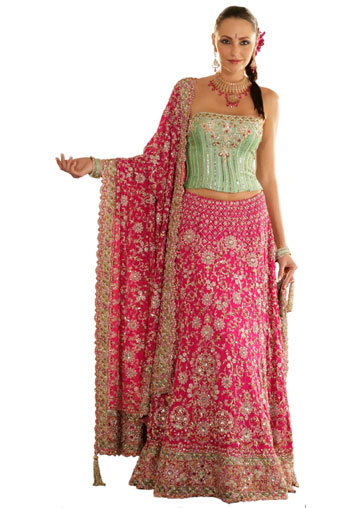 pink and light green combination lehenga