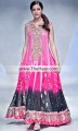 AK7980 Rose Pink Magenta Process  Black Crinkle Chiffon Raw Silk Anarkali Dress